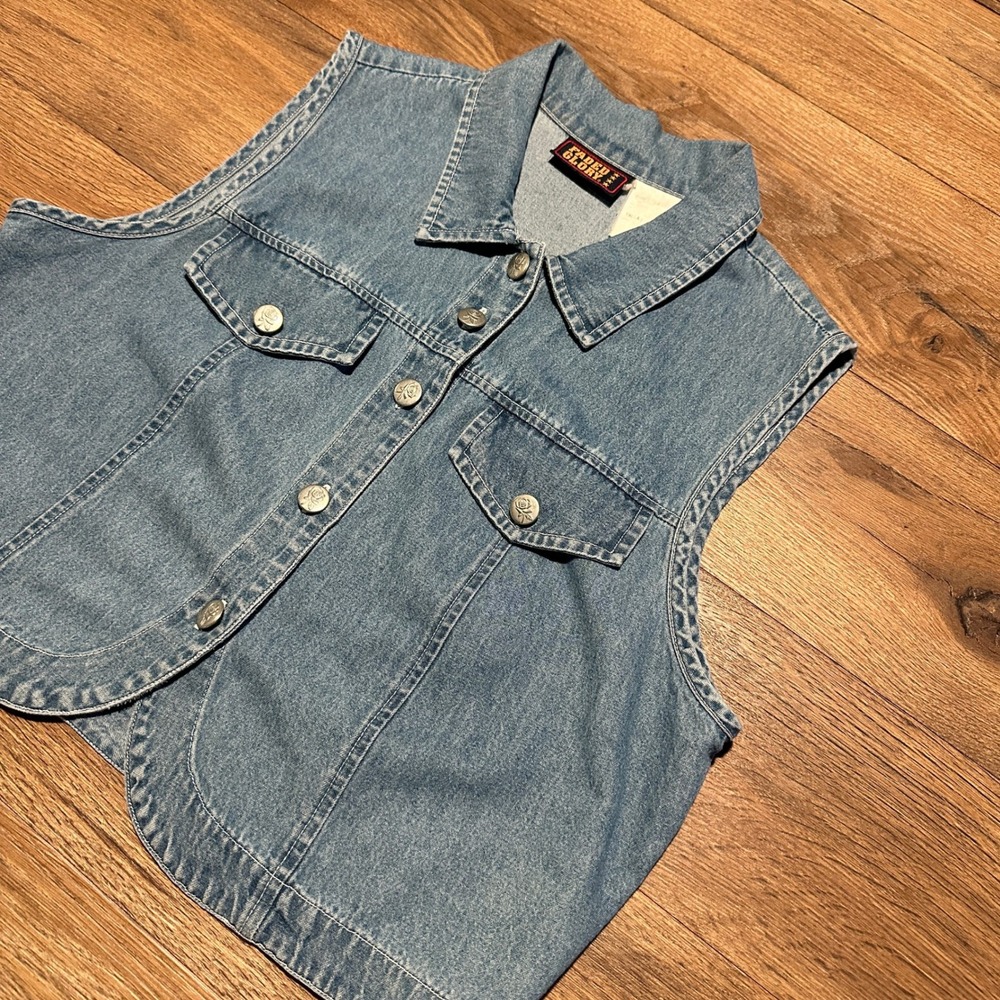 Vintage Faded Glory Blue Denim Vest Women Size 14 Rose Button Trucker Y2K
